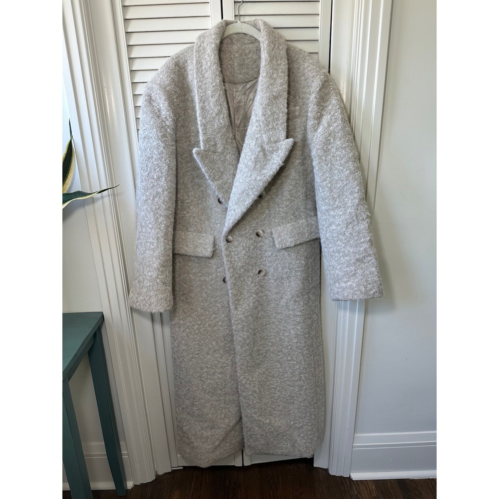 Women Double Breasted Fuzzy Boucle Longline Coat Oatmeal Grey XL24028 Size M